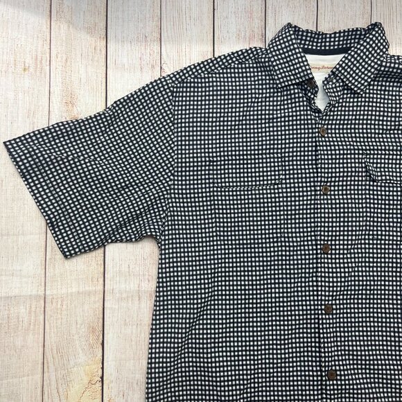 Tommy Bahama Mens Silk Shirt M Black White Geometric Check Short Sleeve Camp - Picture 13 of 13